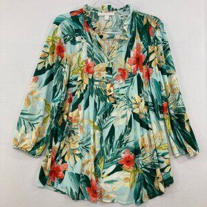 Juniper + Lime size XL Colorful Floral Stretch Knit Pintuck 3/4 Sleeve Blouse